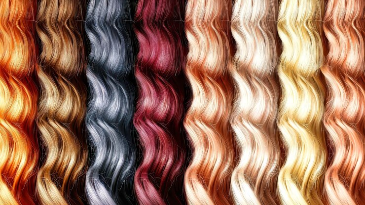 Foto uma sinfonia de cores uma paleta de cores de cabelo com ondas de vermelho castanho loiro e cinza