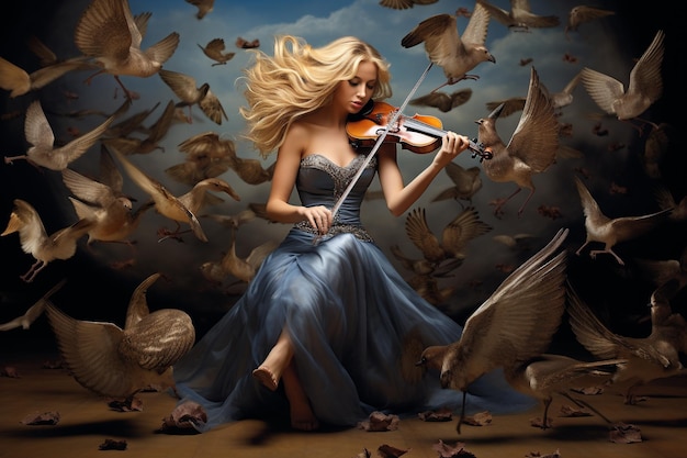 Uma Sinfonia Surrealista Violinista Conjurando Pássaros
