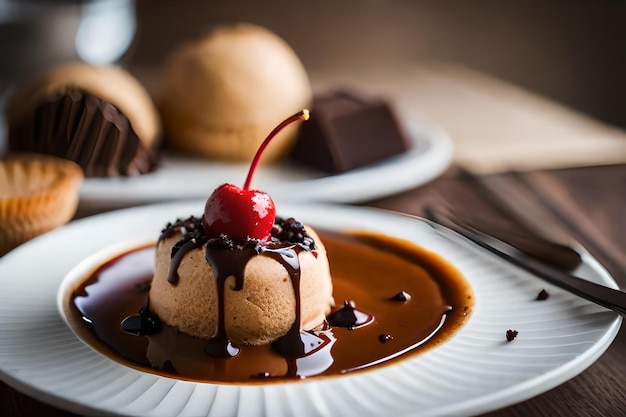 Uma sobremesa com chocolate e uma cereja nele