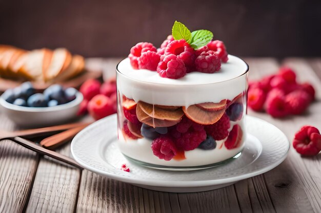 uma sobremesa com framboesas e creme por cima