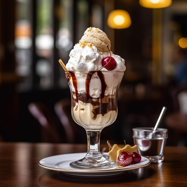 Foto uma sobremesa com uma cereja em cima e dois copos de gelado na mesa.