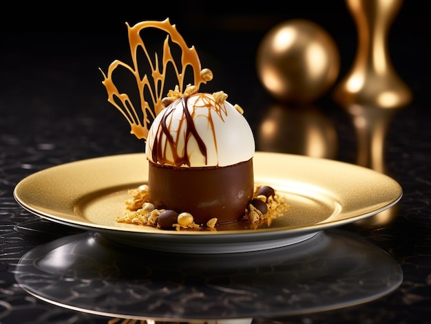 uma sobremesa de sorvete de chocolate em um prato com uma decoração dourada.