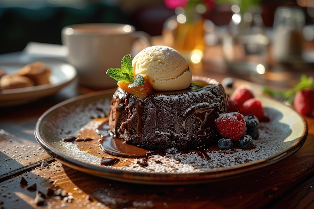 Uma sobremesa feita de brownie e sorvete servida em um prato