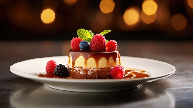 Foto uma sobremesa gourmet com chuva de caramelo e bagas frescas no topo