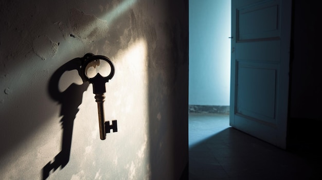 Uma sombra de chaves em uma parede com a luz brilhando sobre ela.