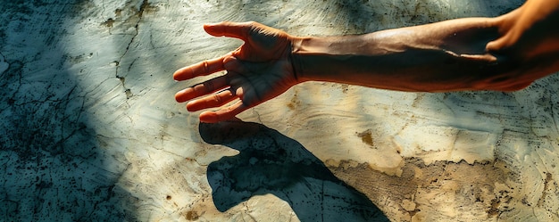 Foto uma sombra de um homem na água com as palavras mão na areia
