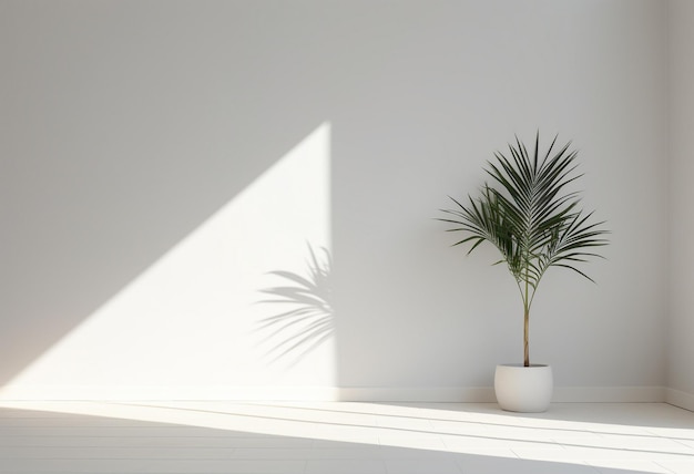 uma sombra de uma planta e um vaso de plantas em uma parede branca.