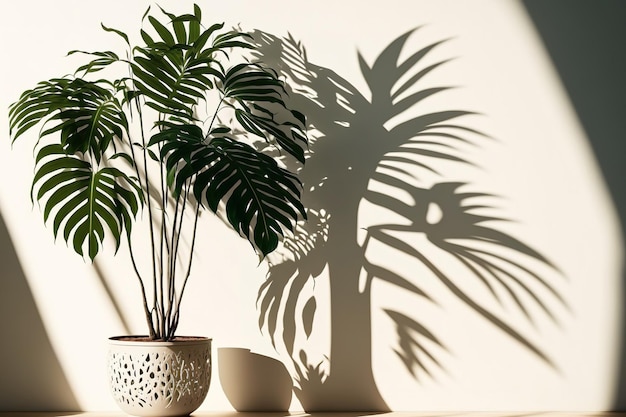 Uma sombra magnífica é projetada em uma parede branca vazia por uma planta Dracaena loureiri