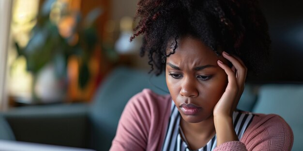 Uma sombria mulher afro-americana recebe notícias angustiantes enquanto navega pelas redes sociais