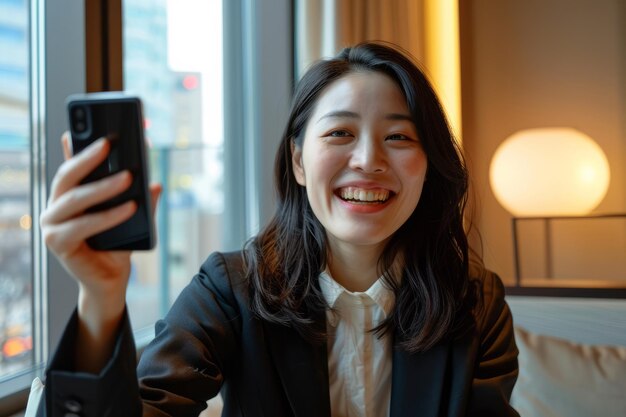 Uma sorridente empresária japonesa acena durante uma videochamada em seu smartphone