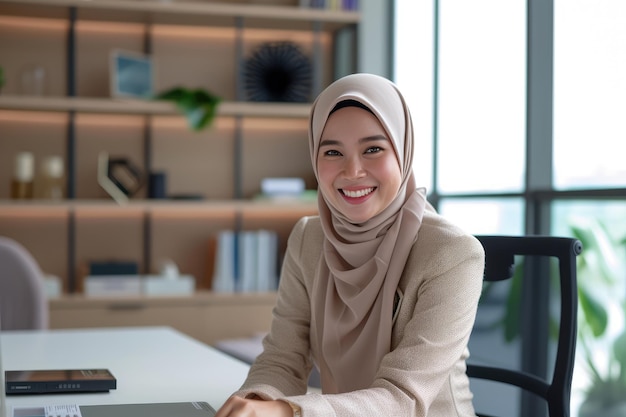 Uma sorridente empresária muçulmana asiática usando um hijab senta-se em sua mesa em um escritório moderno