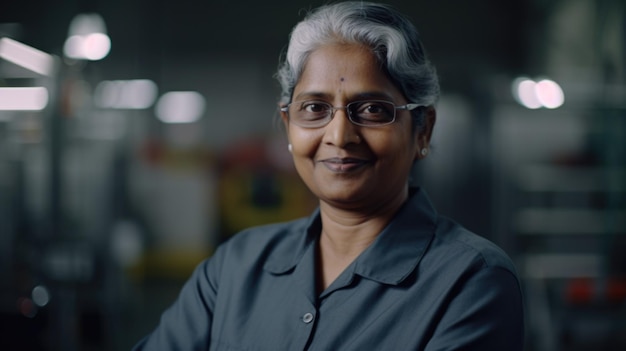 Uma sorridente operária eletrônica indiana sênior em pé na fábrica
