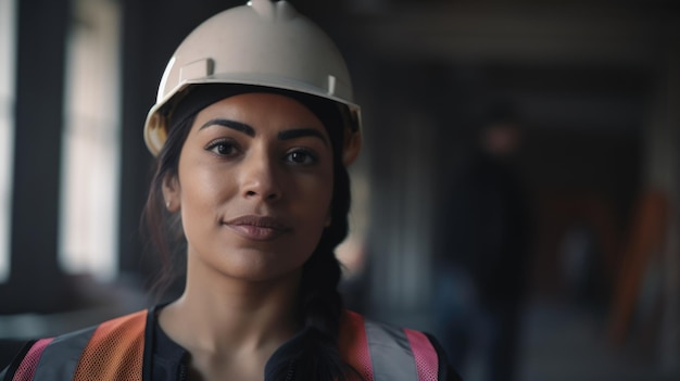 Uma sorridente trabalhadora da construção civil hispânica em pé no canteiro de obras