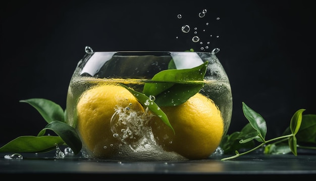 Uma suculenta fatia de limão cai na água refrescante gerada pela IA