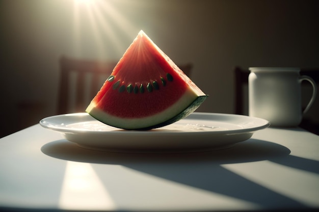 Uma suculenta fatia de melancia em uma mesa de madeira