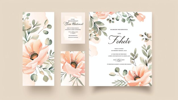 Foto uma suíte de convites de casamento floral a aquarela com uma paleta neutra suave com matiz de pêssego e sotaques azuis empoeirados