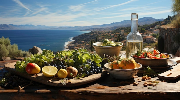 Foto uma suntuosa refeição mediterrânea preparada sobre uma mesa de madeira rústica com vista para o mar