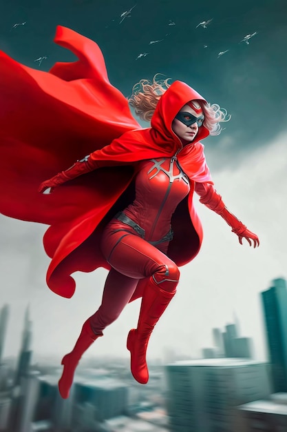 Uma super-heroína com uma máscara voa contra o pano de fundo da cidade para ajudar as pessoas em uma capa de chuva vermelha Generative AI