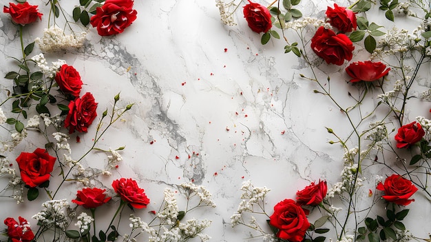 Uma superfície de mármore com rosas vermelhas e flores brancas sobre ele e algumas outras flores no lado do