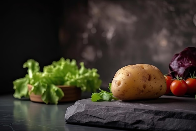 Uma superfície de pedra preta com uma batata e uma tigela de alface ao lado.