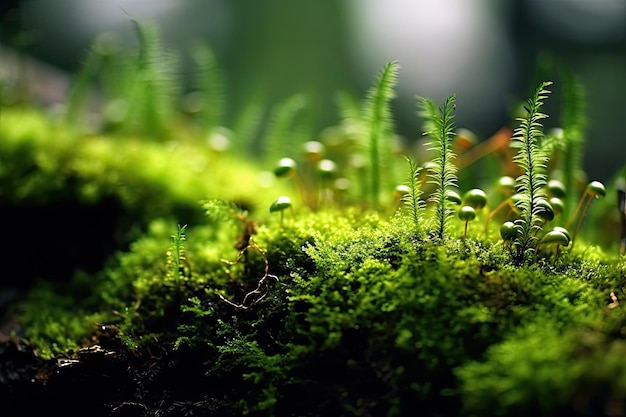 Uma superfície musgosa com algumas plantas pequenas e a palavra floresta nela.