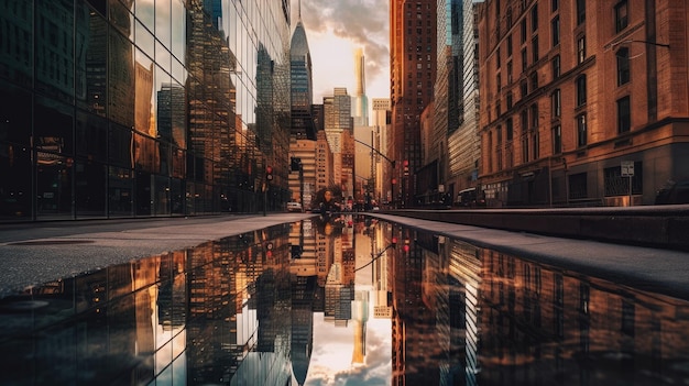 Uma superfície reflexiva capturando os edifícios apresentando estética urbana gerada por IA