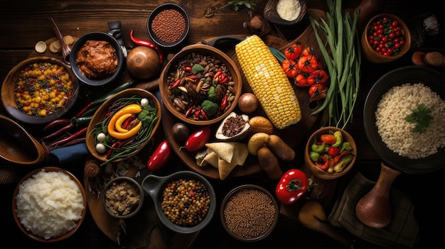 Foto uma tabela de alimentos, incluindo legumes e frutas e legumes.