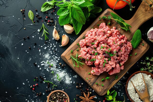 Uma tábua de cortar com ingredientes, incluindo carne, legumes e especiarias