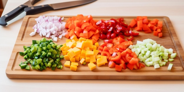 Foto uma tábua de corte com legumes picados