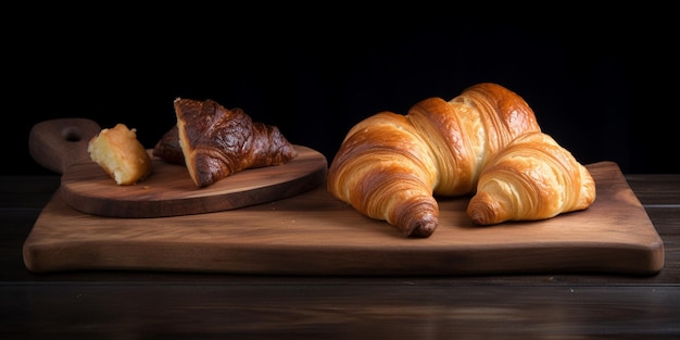 Uma tábua de corte de madeira com croissants e um pedaço de pão