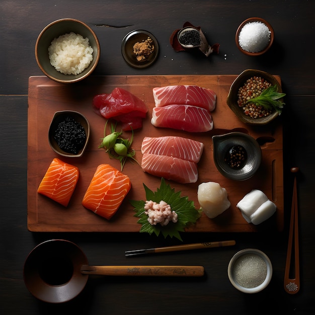 Uma tábua de corte de madeira com diferentes tipos de alimentos, incluindo salmão, salmão e outros ingredientes.