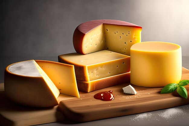 Uma tábua de corte de madeira com diferentes tipos de queijo italiano