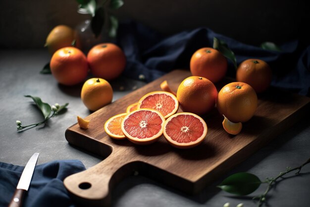 Uma tábua de corte de madeira com laranjas e um monte de outras frutas.