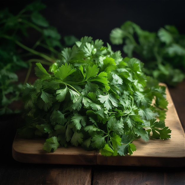 Uma tábua de corte de madeira com salsa e um monte de folhas verdes atrás dela.