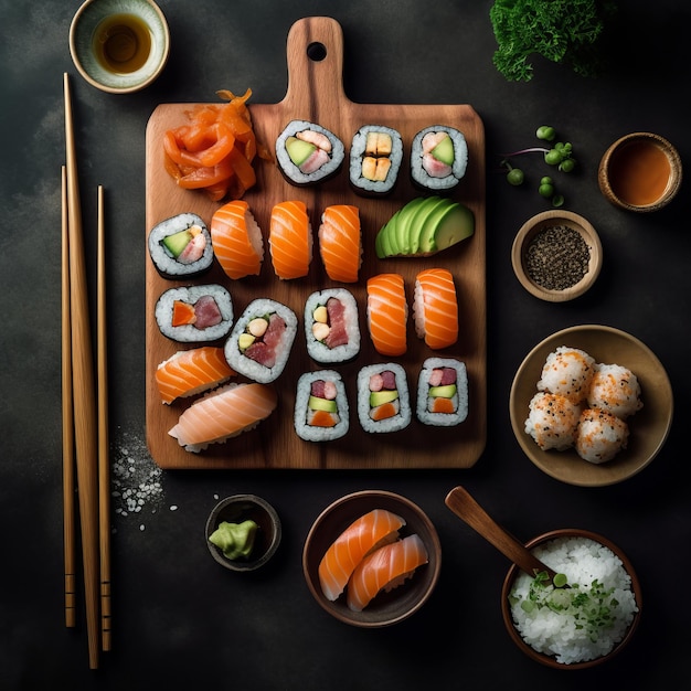 Uma tábua de corte de madeira com sushi e outros alimentos.
