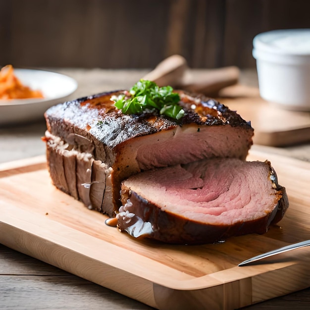 Uma tábua de corte de madeira com um pedaço de carne e um prato de comida na mesa.