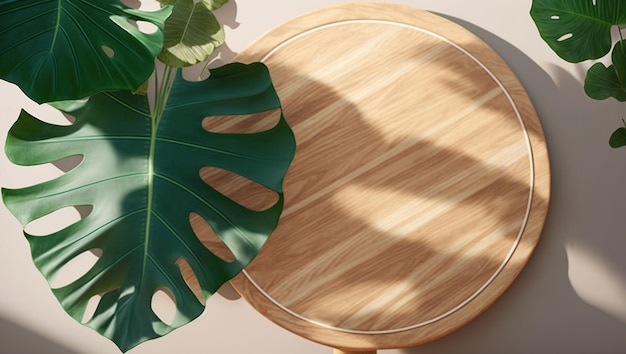 Uma tábua de corte de madeira com uma folha verde ao lado de uma planta.