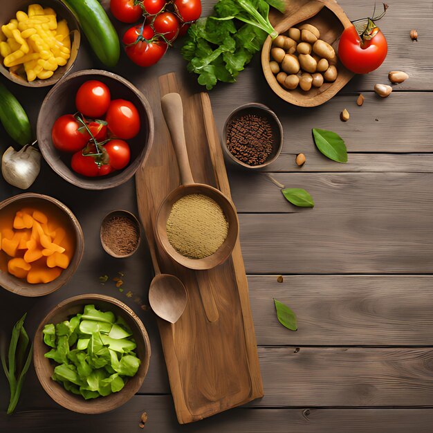 Foto uma tábua de corte de madeira com vegetais e especiarias