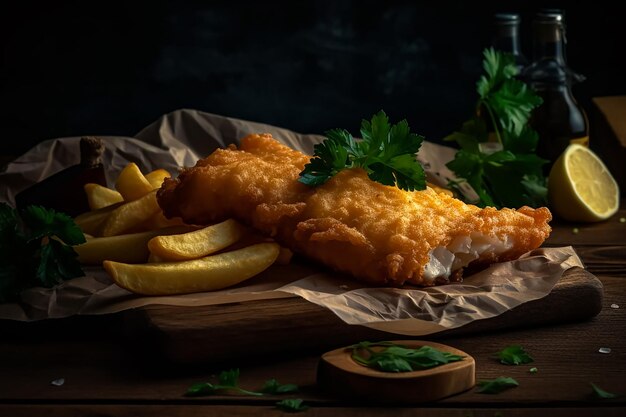 Uma tábua de madeira com peixe e batatas fritas