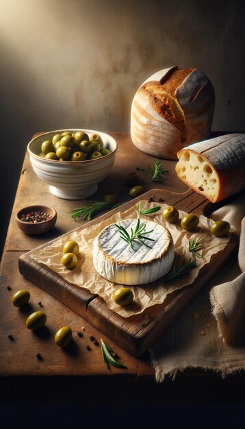 Uma tábua de madeira com queijo camembert ou brie assado