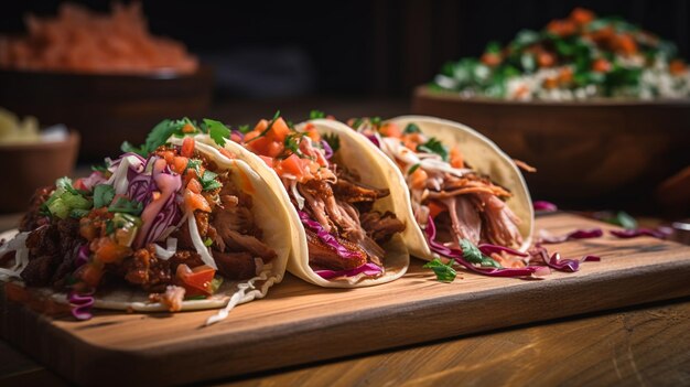 Uma tábua de madeira com vários tacos, incluindo taco de porco.