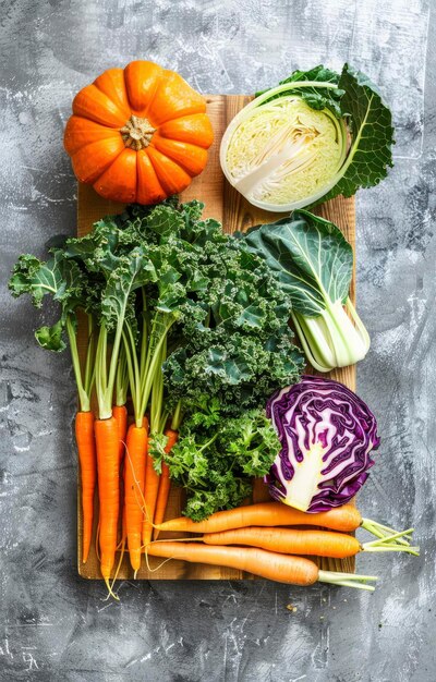 Uma tábua de madeira com vegetais coloridos