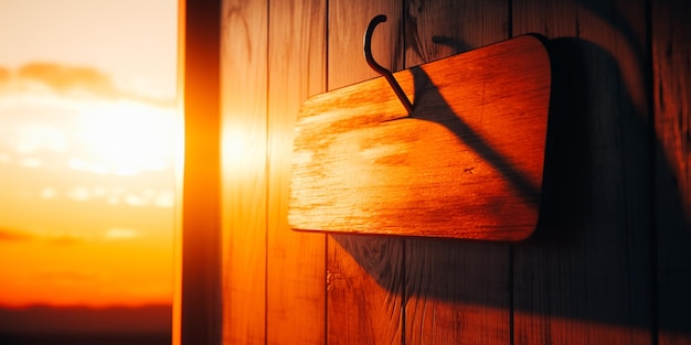 Uma tábua de madeira está pendurada em uma porta de madeira com uma luz brilhando nela.