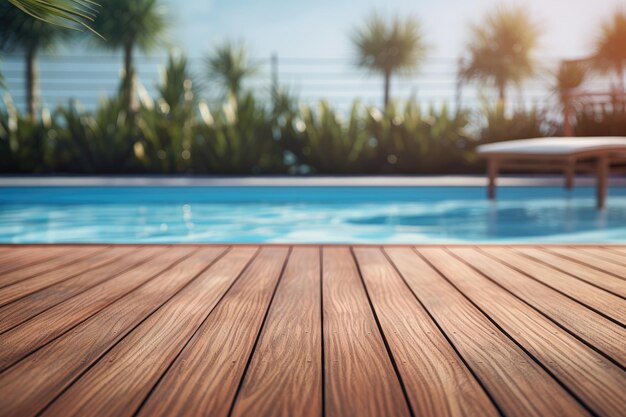 Foto uma tábua de madeira na área da piscina perto de guarda-chuvas