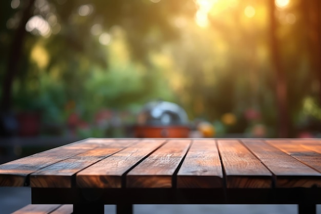 Uma tábua de madeira na frente de um fundo de planta bokeh