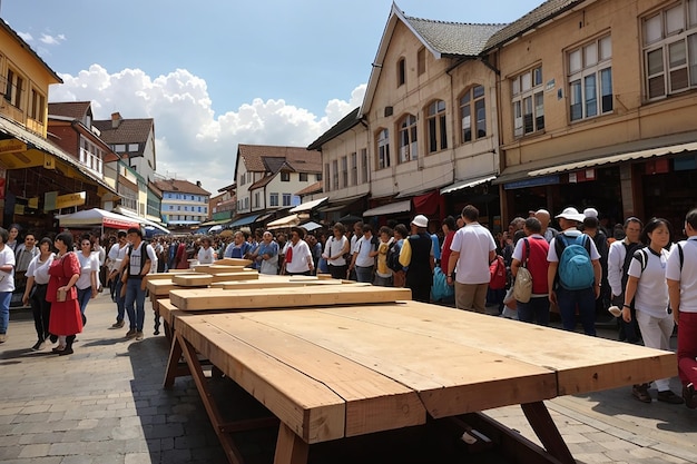 Uma tábua de madeira no meio de uma movimentada praça do mercado