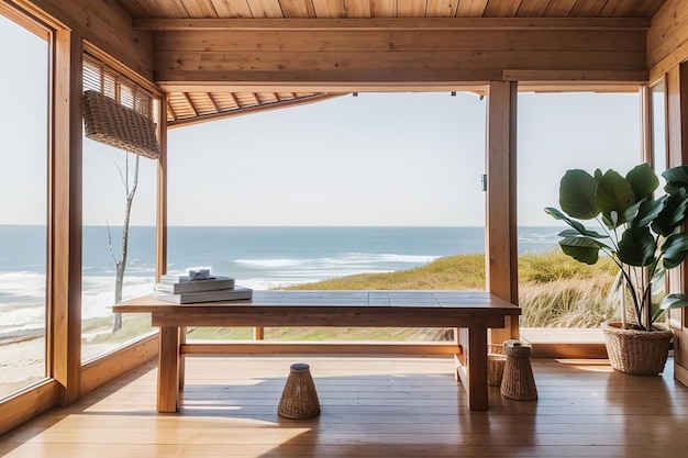 Uma tábua de madeira numa casa de praia costeira tranquila