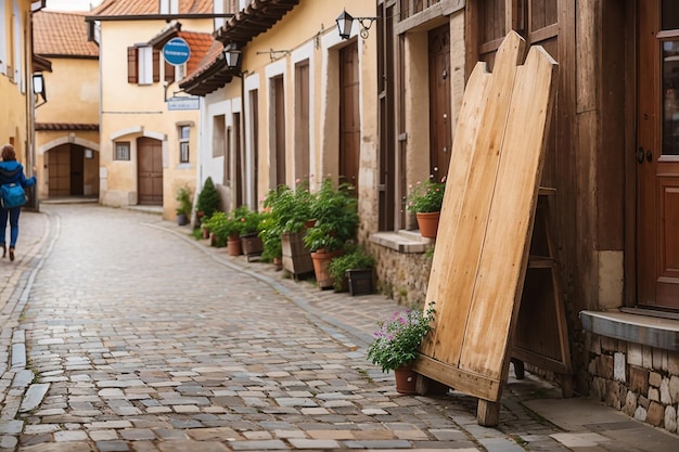 Uma tábua de madeira numa encantadora cidade europeia do velho mundo.