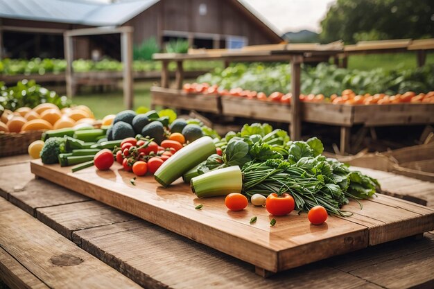 Foto uma tábua de madeira numa fazenda orgânica com produtos frescos e legumes