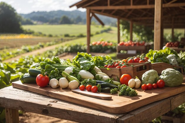 Uma tábua de madeira numa quinta orgânica com produtos frescos e legumes